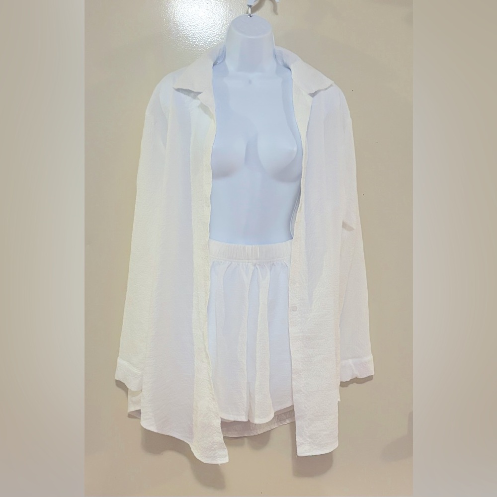 2pcs/Set Solid Plain Color long Sleeve Top And Shorts Cover Up Set,